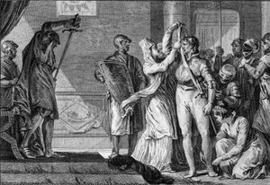 Zeremonie der Weichmachung unter den Kapetingern: Frauen legen einem jungen Mann einen Gürtel und goldene Sporen an, während die Knappen ihn mit seiner Rüstung bedecken. 10.-11. Jahrhundert. Gravur von Jean Michel Moreau, genannt Moreau le Jeune