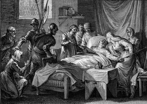 Tod und Nachfolge von Karl II. dem Kahlen, 877: Der König übergab der Kaiserin die Kaiserkrone, sein goldenes Zepter, das Schwert des Heiligen Petrus und ein Testament, in dem er seinen Sohn Ludwig den Stammler als Erben bestimmte. Gravur von J von Jean Michel the Younger Moreau