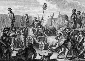Einzug von Philipp II. August (1165-1223) in die Straßen von Paris nach dem Sieg der französischen Armee gegen die Flamen und Welfen von Otto IV. in der Schlacht von Bouvines von Jean Michel the Younger Moreau