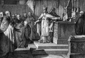 Hugues Capet stellte die kanonischen Wahlen wieder her: Der König der Franken erlaubte den Mönchen, ihre Äbte zu wählen, indem er einen Bischofsstab und eine Mitra auf einen Altar legte. Gravur von Jean Michel Moreau, genannt Moreau le Jeune.