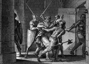 Gefangennahme von Karl III. dem Einfältigen (879-929), 923: In der Annahme, bei Herbert von Vermandois Zuflucht zu finden, wurde der ehemalige König der Franken von diesem verraten und ins Gefängnis geschickt. Gravur von Jean Michel Moreau, genannt Moreau 