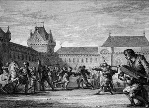 Einrichtung von Pagen: Ausbildung in den körperlichen und häuslichen Aufgaben des Pagenberufs. Karolingische Zeit, Herrschaft von Karl dem Großen, 8.-9. Jahrhundert. Gravur von Jean Michel Moreau, genannt Moreau le Jeune (1741-1814) von Jean Michel the Younger Moreau