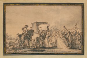 Marie Antoinette, die aus ihrer Kutsche steigt und von ihrem Gefolge umgeben ist, tröstet einen Bauern