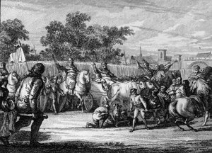 Merowingische Zeit; Ankunft des Königs während eines „Feldes von Mars“. Der König stieg auf einen von Ochsen gezogenen Wagen, Trompeten kündigen seine Ankunft an. An seiner Seite der Bürgermeister des Palastes, reitend mit dem Kommandostab. Gravur von Jean
