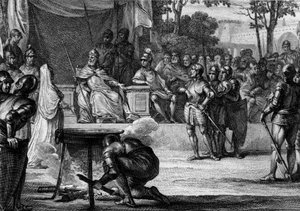 Ordalien oder „die Urteile Gottes“, 831: Wegen Verrats an Ludwig I. dem Frommen (778-840) angeklagt, versuchen Judith Welf (805-843), seine Frau, und Bernard von Septimania (circa 800-844), Kämmerer des Königreichs, ihre Unschuld vor einem Gericht zu bewei von Jean Michel the Younger Moreau