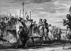 Ordalien oder „die Urteile Gottes“, 877: Die Vertreter von Ludwig von Germanien, die gekommen sind, um von Ludwig II. dem Kahlen die Hälfte des Königreichs Lothringen zu fordern, stimmen zu, sich den Prüfungen von heißem Eisen, kochendem Wasser und kaltem  von Jean Michel the Younger Moreau