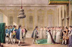 Heiratsantrag per Stellvertreter von Napoleon, präsentiert der Kaiserin von Österreich durch den Prinzen von Neufchâtel (Louis-Alexandre Berthier) - Gravur nach Jean-Michel Moreau le jeune