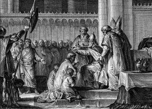 Krönung von Pippin dem Jüngeren (714-768), Basilika Saint-Denis, 28. Juli 754: Papst Stephan II. weihte ihn zum König der Franken und Patricius Romanorum. An seiner Seite seine beiden Söhne, Karlmann und Karl (der zukünftige Karl der Große). Gravur.