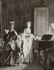Saint Preux und Claire am Cembalo in „Julie ou la nouvelle Héloïse“ von dem Schweizer Philosophen Jean Jacques (Jean-Jacques) Rousseau (1712-1778) - Gravur von Moreau le jeune, Jean Michel (1741-1814) von Jean Michel the Younger Moreau