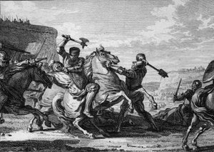 Belagerung von Paris durch die Armee von Otto II., 978: Ein deutscher Ritter (der Neffe des Kaisers) wird ermordet, als er versucht, Paris zu betreten. Gravur von Jean Michel Moreau, genannt Moreau le Jeune (1741-1814) von Jean Michel the Younger Moreau