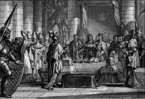 Nachfolge von Ludwig I. dem Frommen oder dem Gutmütigen, 816: der Kaiser des Westens (778-840) vor den drei Kronen, die die Teilung seines Reiches in drei Königreiche symbolisieren, von denen jedes einem seiner Söhne (Lothar, Pippin, Ludwig) zufällt. Gravu