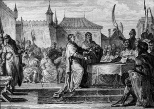 Nachfolge von Pippin dem Kurzen, 768: Eine Versammlung beschloss, das Königreich zwischen seinen beiden Söhnen Karl dem Großen (747-814) und Karlmann (ca. 751-771) zu teilen, wodurch die von Pippin dem Kurzen getroffenen Vereinbarungen aufgehoben wurden. G von Jean Michel the Younger Moreau