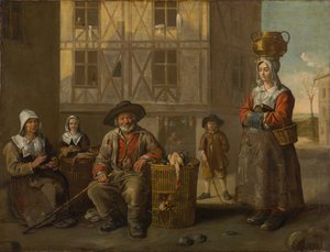 Ein Geflügelhändler und eine alte Frau, die sich die Hände wärmt, ca. 1652 von Jean Michelin
