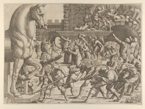 Die Trojaner bringen das hölzerne Pferd in ihre Stadt, 1535-55