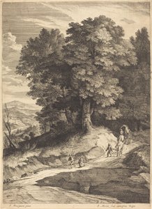 Waldrand mit Reisenden in einer Kutsche von Jean Morin, after Jacques Fouquières