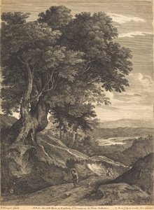 Hügelige Landschaft mit Reisenden zu Fuß von Jean Morin, after Jacques Fouquières