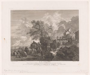 Landschaft mit Reisenden bei einem Wasserfall