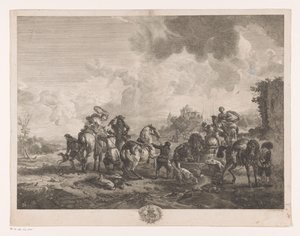 Rastende Jagdgesellschaft bei einem Brunnen (La Fontaine de Venus, Prenten naar schilderijen door Philips Wouwerman, Oeuvres de Ph.pe Wouwermans Hollandois) von Jean Moyreau