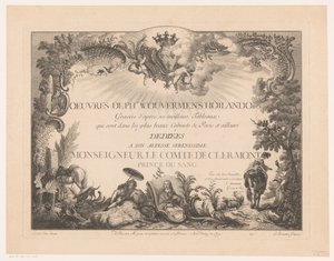 Titelblatt mit Figuren und Tieren in einer Landschaft, mit dem Porträt von Philips Wouwerman von Jean Moyreau