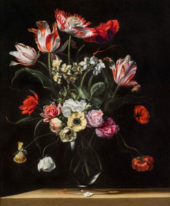 Tulpen, Narzissen, Nelken, Mohnblumen, Anemonen und andere Blumen in einer Glasvase auf einem Holzvorsprung, eines von einem Paar, 17. Jahrhundert von Jean Picart
