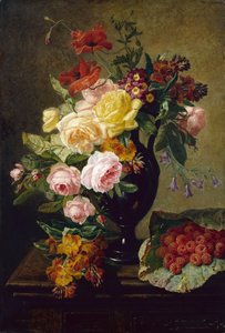 Rosen, Mohnblumen, Goldlack in einer Vase mit Himbeeren von Jean Pierre Lays