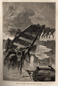 Nach der Zerstörung ihres provisorischen Lagers trug die Besatzung der La Hansa die Boote und das von ihrem Schiff geborgene Material von einem Eisberg zum anderen, um die Expedition fortzusetzen und Hilfe von einem Eskimolager zu finden, graviert nach der