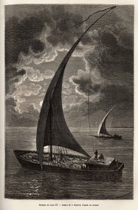 Die Boote des oberen Nils, reduzierte Besatzung und Passagiere schlafen an Deck, im Mondlicht, Gravur nach J. Moynets Zeichnung, zur Illustration der Reise ins Herz Afrikas 1868-1871, von Dr. Georges Schweinfurth, veröffentlicht in „Le Tour du Monde“ 1874,