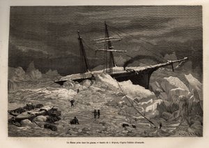 Das deutsche Schiff La Hansa im Eis gefangen, die Besatzung beeilt sich, die notwendigen Gegenstände und Vorräte auszupacken, bevor sie das Schiff verlassen und die Expedition auf dem Eis fortsetzen, graviert nach der Zeichnung von J. Moynet, zur Illustrat