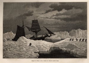 Das Schleppen des deutschen Schiffes La Hansa, durch seine Besatzung, um eine Eisbarriere zu durchqueren, graviert nach der Zeichnung von J. Moynet, zur Illustration der Reise der Schiffe La Germania und La Hansa zum Nordpol 1869-1870, von Kapitän Hegemann