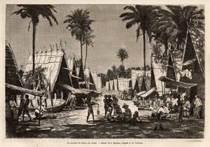 Der Marsch von Dobbo, auf der Arou-Insel, ein Hafen, belebt von vielen Händlern und Schiffbauern, graviert nach der Zeichnung von J. Moynet, zur Illustration der Reise in den malaysischen Archipel 1854-1862, von Alfred Russell Wallace (1823-1913), einem br