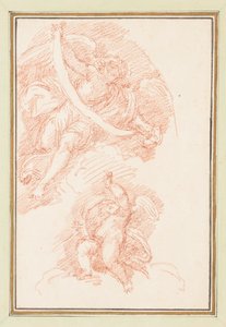 Geflügelte Figur, die einen Riemen mit Putto hält