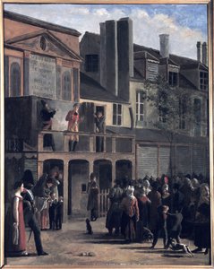 La Parade de Bobèche et Galimafre, Darstellung einer Menschenmenge, die eine Straßenshow beobachtet. von Jean Roller