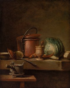 Stillleben mit Kupfertopf, Kohl, Mörser und Herd