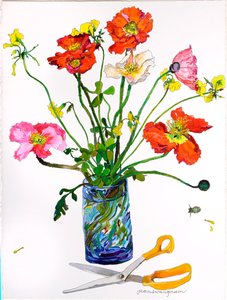Mohnblumen, Blaue Vase & Schere von Jean Swan Gordon