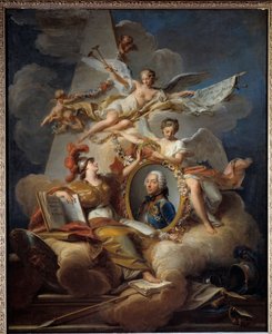 Allegorisches Porträt von Louis Charles Auguste Fouquet, Herzog von Belle Isle, Marschall von Frankreich (1684-1761). Gemälde in einem Gemälde. Gemälde von Jean Valade (1758)