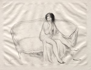Sitzende nackte Frau auf einem Sofa