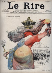Der neue Raum - Marianne mit phrygischer Mütze - Marianne in einem Kleid in zwei Teilen: eine rote Seite und die andere Seite mit Fleur-de-Lis-Dekor - (Der Cartoon bezieht sich auf die politische Spaltung zwischen Republikanern und Monarchisten)