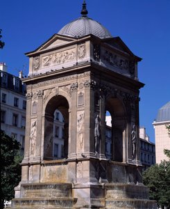 Architektur: Ansicht des Brunnens der Unschuldigen. Entworfen von den Architekten Jean Goujon, Augustin Pajou und Pierre Lescot. 1546-1549. Place Joachim du Bellay, Paris