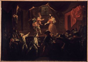 Bedauerliche Erfolge dieses Stücks. Einer der Palmspieler, dessen Kleidung gestohlen wurde, gibt La Rapiniere einen großen Schläger. Gemälde, das „Der komische Roman“ von Paul Scarron (1610-1660) illustriert. Öl auf Leinwand von Jean-Baptiste (Jean Baptist