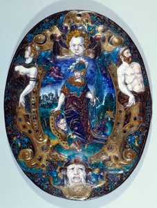 Bemaltes Email-Tablett, das Minerva auf Landschaftshintergrund darstellt, geschaffen von Jean Court dit Vigier (16. Jahrhundert) (Maler und Emailleur in LIMOGES) Paris, Louvre Museum