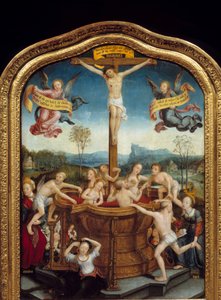 Das mystische Bad. Am Fuße des Kreuzes, an dem Christus gekreuzigt ist, baden Männer und Frauen in einem Brunnen aus Blut des Messias. Zentraler Teil des Triptychons. Malerei auf Holz von Jean Bellegambe dem Älteren (1470-1535) 1510-1520