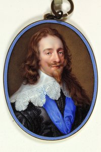 König Karl I. im purpur-schwarzen Habit mit Spitzenkragen und blauem Band des Hosenbandordens