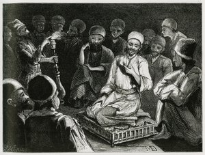 Persischer Geschichtenerzähler umgeben von seinem Publikum. Gravur des Reisenden Autors zur Illustration der Geschichte „Persien, Chaldäa und Susiane“