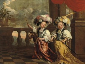 Doppelporträt von zwei Jungen, ganzfigurig, als Ritter verkleidet, einer mit einer Flöte, der andere auf einem Steckenpferd mit einer Peitsche, beide auf einem Balkon, 1668 von Jeanne Vergouwen