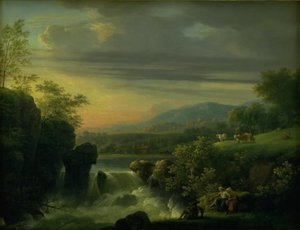 Eine bergige Landschaft mit einem Wasserfall. Sonnenaufgang von Jens Juel