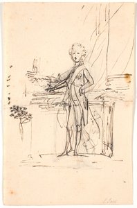 Kompositionsentwurf für ein Ganzkörperporträt von Friedrich dem Sechsten als junger Kronprinz. Stehend an einem Tisch, en face nach links