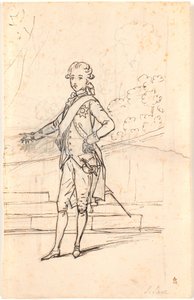 Kompositionsentwurf für ein Ganzkörperporträt von Frederik dem Sechsten als junger Kronprinz. Stehend en face mit rechter Hand in der Seite und linker Hand auf einem Tisch gestützt