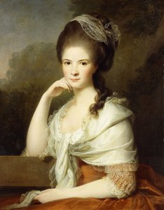 Porträt einer Dame, sitzend, halbfigur, in einem braunen Kleid und einem weißen Schal, 1778 von Jens Juel