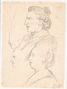 Profilporträts von Königin Caroline Mathilde, J.F. Struensee und Enevold Brandt, sowie ein Entwurf, möglicherweise von Juel selbst. Alle im Profil nach links von Jens Juel
