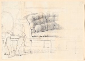 Studie zum Holmskiold-Familienbild von 1787: das gepolsterte Sofa, und links ein Stuhl mit skizzierter Holmskiold-Figur von Jens Juel